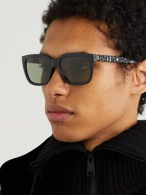 Balenciaga BB0108S 001 Sunglasses Black Rectangle Frame, Green Lenses